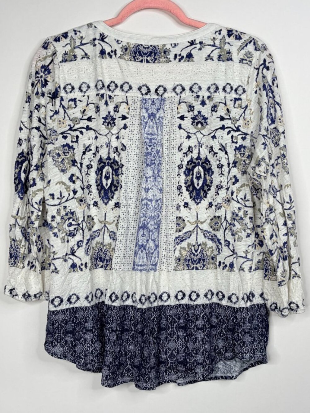 2/$30 Lucky Brand Mixed Media Floral Boho Popover Tunic 3/4 Sleeve Ecru #A4545 - Picture 4 of 8